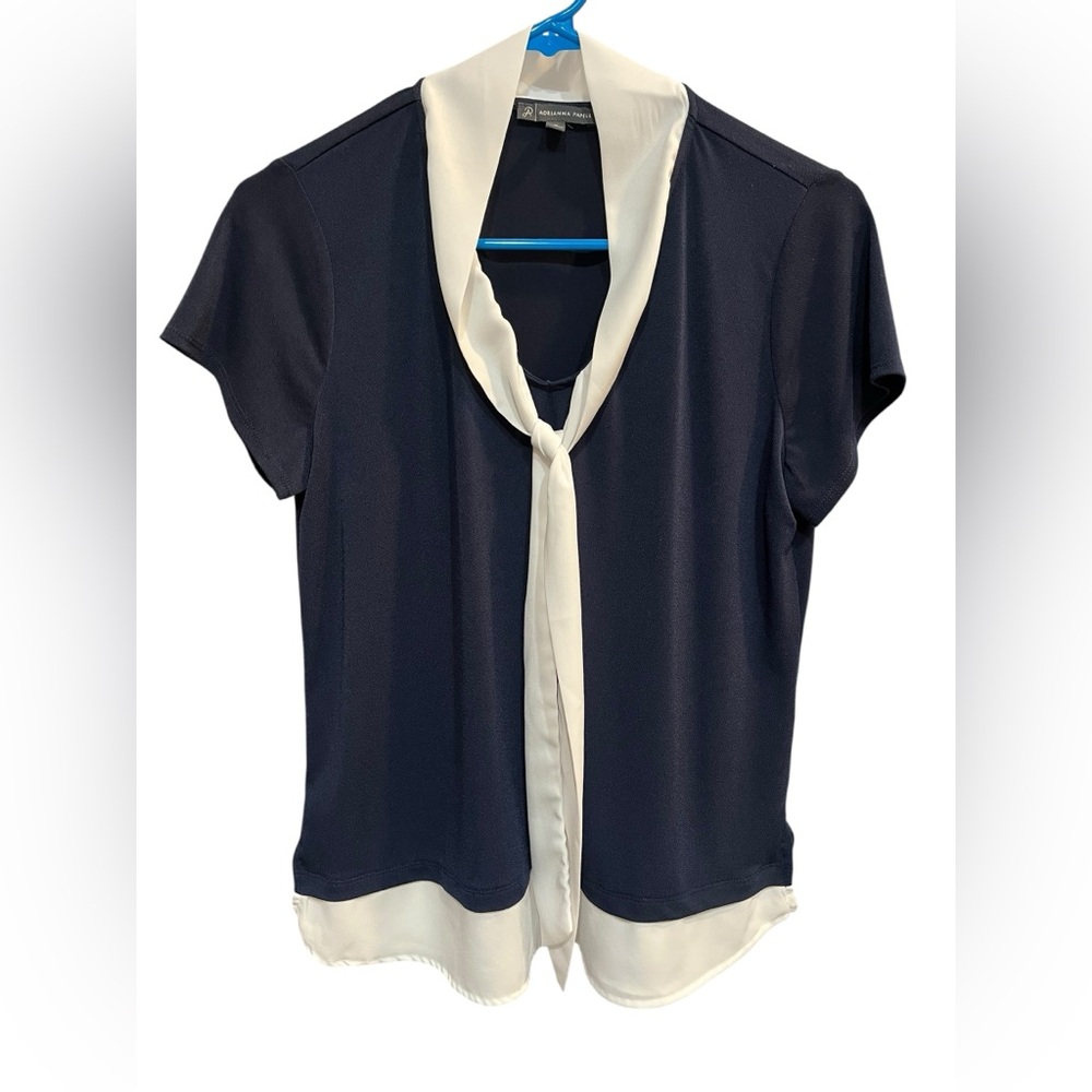 Adrianna Papell Navy and Ivory Short Sleeve Tie Neck Blouse
